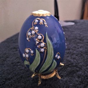 Vintage Faberge Styled Jeweled pearl drop Egg On Stand Ornate Blue Gold Glass